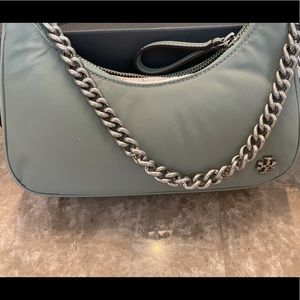 Tory Burch new this season Mercer small crescent bag NWT. Blue Celadon color